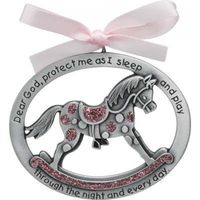 Sweet ROCKING HORSE Crib Medal for Baby GIRL with PRAYER Verse PEWTER Finish - CHRISTENING/SHOWER GIFT - Baptism KEEPSAKE w/PINK RIBBON - INFANT - Newborn (Original Version)