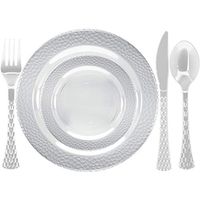 Tiger Chef Heavy Duty Clear Hammered Rim Disposable Party Supplies Set Service For 50 Guests Includes 50 10.25" Dinner Plates 50 7.5" Plates 50 Cutlery Sets Forks Spoons Knives BPA-Free 250-Pack