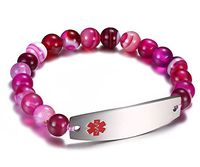 JF.JEWELRY Free Engraving Medical Alert ID Bracelet for Women and Men with Pomegranate Pattern Beaded Stretch Link