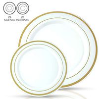 Signature Tableware Premium Disposable Plates - 50 Pack(25 Guests) - 25 x 10.25" Dinner and 25 x 7.5" Salad Plastic Dinner Plates Combo - Plastic Plates for Parties (White with Gold Rim)