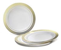" OCCASIONS" 240 Plates Pack, Heavyweight Disposable Wedding Party Plastic Plates (10.5'' Dinner Plate, Celebration in White & Gold)