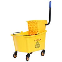 Commercial Mop Bucket, 34 Quart Household Bucket with Wringer, Side Press Mop Bucket with Wheel and Handle, Side Press Wringer Trolley with Ergonomic Rocker for Easy Water Drain, Yellow