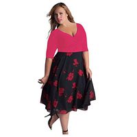 iLUGU Plus Size Boho Swing Dresses for Women Deep V Neck Evening Party Cocktail Midi Dress Hot Pink