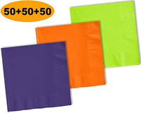 150 Beverage Napkins, Grape Purple, Pumpkin Orange, Lime Green - 50 Each Color. 2 Ply Paper Cocktail Napkins. 5" folded, 10" unfolded.