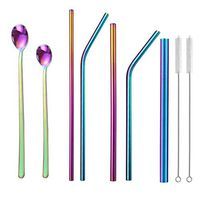 Set of 7 Stainless Steel Straws set,5 Pcs Reusable Metal Straws(6mm, 8mm,12mm wide) and 2 Pcs Coffee/Tea Spoon for 20oz 30oz Tumblers Cups Mugs Rumblers Beverage-Include 2 Cleaning Brush (Iridescence)