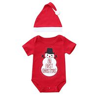 Driuankeji 2PCS Christmas Outfit Baby Cartoon Snowman Letter Print Romper + Hat Set Kids Holiday Clothes Red