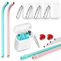 Collapsible Reusable Silicone Drinking Straws Set - Eco Friendly Foldable Straws,4 Carrying Case and 4 Cleaning Brush,Kids Friendly, BPA Free,Portable, for Travel, Household, Outdoor (pink+teal)