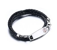BBX JEWELRY Free Engraving Unisex Stainless Steel Tag with Black Braided Leather Triple Wrap Medical Alert Bracelets