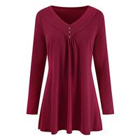 Meikosks Women's V Neck Button Tops Long Sleeve Solid Blouses Loose Plus Size Pullover T Shirt Wine
