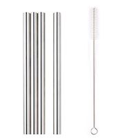 Vinjeely 4 Pcs Long Metal Stainless Steel Drinking Straws Set 4 Straight+1 Clearing Brushes Reusable Washable for Party Bar Home 8.5"x2.5"