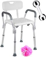 Dr. Maya Adjustable Shower Chair with Back and Arms - Free Suction Assist Grab Bar - Anti-Slip Bench - Bathtub Seat for Bathroom Safety