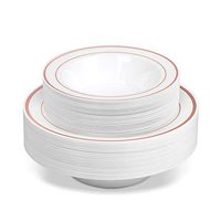 50 Disposable White Rose Gold Rimmed Heavy Duty Plastic Bowls | 25 14 oz. Soup Bowls and 25 6 oz. Dessert/Appetizer Bowls | Premium Combo Disposable Dinnerware Set | Great for Parties