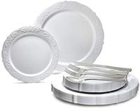 " OCCASIONS" 150pcs set (25 Guests)-Vintage Wedding Party Disposable Dinnerware Set Plastic Plates 10.25'', 7.5'' + Silverware w/double fork (Portofino Plain White)