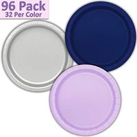 96 Paper Dinner Plates (9") - Navy Blue, Silver, Lavender - 32 Per Color, 3 Colors - Great Assortment for Birthday Parties, Weddings, Holidays, Baby Shower, Celebrations, and more