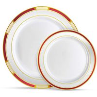 Laura Stein Designer Dinnerware Set | 32 Disposable Plastic Party Plates | Plates with Burgandy Rim & Gold Accents | Includes 16 x 10.75" Dinner Plates + 16 x 7.5” Salad Plates | Venetian
