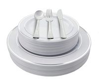 200 Piece Heavyweight Party Disposable Plastic Plates and Cutlery Set Includes 40 Dinner Plates 40 Dessert Plates and 40 Pieces of Glossy Silver Plastic Forks Knives and Spoons (Silver)