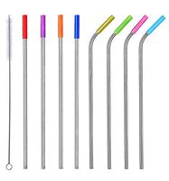 Chavin Stainless Steel Straws, 10.5” Long Reusable Replacement Metal Straws for 20 & 30 oz Tumbler, Set of 4 Straight, 4 Bent with Silicone Tips & 1 Cleaning Brush
