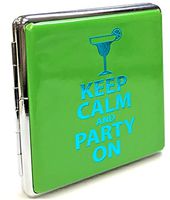Eclipse Green"Keep Calm & Party On" Metallic Crushproof Metal Leatherette Cigarette Case, Kings, 3102Glam