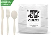 ZenCo Biodegradable Compostable Disposable Cutlery - 100 Forks 100 Knives 100 Spoons Ivory - Heavy Duty Heat Resistant Eco Friendly Utensils for Office, Catering, Picnics or Birthdays (300 CT, Combo)