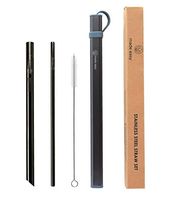 LMade Easy - Stainless Steel Reusable Straws - Straw Set Including (2 Sizes) Large Boba/Smoothie Straw and Small Regular Straw with Aluminum Carrying Case and Cleaning Brush - Black