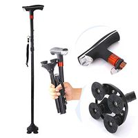 XIHAA Outdoor Elderly Walking Stick,With LED Lampsmall Four Feet Crutch Fold Ultra-Light Adjustable Portable Aluminum Alloy Anti-Skid,Red