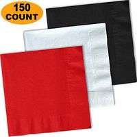 150 Lunch Napkins, Red, Bright White, Midnight Black - 50 Each Color. 2 Ply Paper Dinner Napkins. 6.5" folded, 13.5" unfolded.