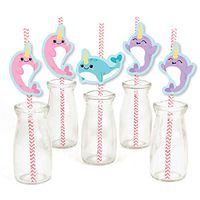 Narwhal Girl - Paper Straw Decor - Under The Sea Baby Shower or Birthday Party Striped Decorative Straws - Set of 24