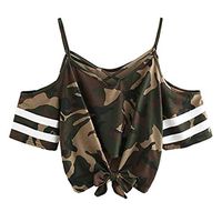 Kiminana Women's Summer Casual Off-The-Shoulder Short-Sleeved V-Neck T-Shirt top Camouflage