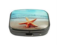 XUTAI Custom Personalized Square Stainless Steel Gun Silver Glass Travel Pill Case Vitamin Decoration Box (Starfish on a Beach)