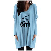 Womens Hoodies Printed V-Neck Casual Loose Long Sleeve Sweatshirt T-Shirts Tops with Pocket Plus Size Fall Graphic Tee Blue