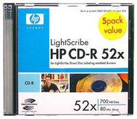HP Lightscribe Optical Media CD-R 52X Blank w/Slim Jewel Case 5 Pack