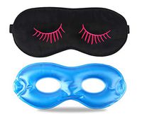 Fitglam Pure Silk Sleep Mask + Reusable Cold/Hot Therapy SPA Gel Eye Mask Set - Improve Sleeping, Alleviate Puffy, Swollen Eyes, Fatigue, Headache and Tension (Black with Rose Eyelashes & Gel)