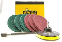 8 Piece Scouring Pads Kit. Drill Powered Scrubbing Action For Cleaning Ovens, Stoves, Pots, Pans, Kitchen Appliances. 2 Pad Stiffness Levels and a Drill Extension Included.