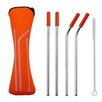 Connoworld Reusable Stainless Steel Straws Kit Tools, Includes 2 Straight Drinking Straws + 2 Bent Drinking Straws + 1 Cleaning Brush + 4 Detachable Silicone Tips Covers Orange
