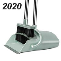 Chouqing Dust Pan and Broom, Self-Cleaning with Dustpan Teeth, Ideal for Dog Cat Pets Home Use, Super Long Handle Upright Stand Up Broom and Dustpan Set (Jade Green)