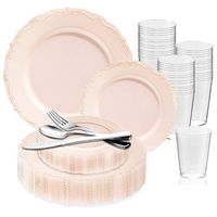 360 Piece Elegant Disposable Plastic Dinnerware Set for 60 Guests - Fancy Vintage Pink Dinner Plates, Dessert Salad Plates, Silverware Set & Cups For Wedding, Easter, Birthday Party & All Occasions