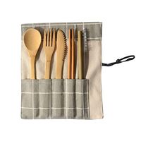 Gotian Portable Bamboo Cutlery Travel Eco-friendly Fork Spoon Set Include Reusable Bamboo Slice, Fork, Spoon, Chopsticks, Straw, Cleaning Brush, Bamboo Cutlery Set (C)