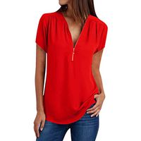 Meikosks Ladies Summer Tops V Neck Zipper Loose T-Shirt Plus Size Short Sleeve Blouses Solid Tees