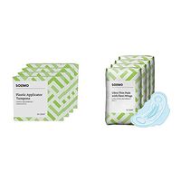 Amazon Brand - Solimo Plastic Applicator Tampons, Super Absorbency, Unscented, 144 Count (4 Packs of 36) & Solimo Ultra Thin Pads with Flexi-Wings for Periods, Long Length, Super Absorbency,Unscented