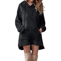 Cenglings Women V Neck Long Sleeve Faux Fur Loose Long Hoodie Faux Fur Pullover Pocket Sweatshirt Solid Fleece Dress Tops Black