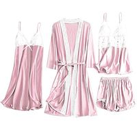 TIFENNY 4PC Sets Pajamas for Women Satin Lace Camisole Bowknot Shorts Nightdress Robe Pajamas Lingerie Sleepdress
