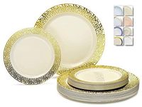 " OCCASIONS " 240 Plates Pack,(120 Guests) Premium Disposable Plastic Plates Set -120 x 10.25'' Dinner + 120 x 7.5'' Salad / Dessert (Florence Ivory/Gold)