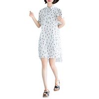 Vintage Casual Cute Women Short Sleeve Turn-Down Collar Knee Length Dress White