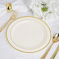Efavormart 50 Pcs - Ivory with Gold 9" Round Disposable Plastic Plate for Wedding Party Banquet - Tres Chic Collection