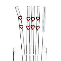 TIANYUAN 4pcs 9" 9mm Reuseable Bent Glass Straws with 1 Cleaning Brush Red Hearts