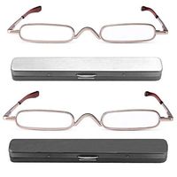 REAVEE 2 Pack Metal Slim Reading Glasses Spring Hinged Pen Readers Small Rectangular Mini Portable Tube Readers with Pen Clip Case +2.0