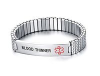 Mealguet Jewelry BLOOD THINNER- Unisex Stainless Steel Medical Alert ID Tag Stretch Wristband Bracelet/Deep Black engrave