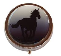 Horse Silhouette Round Three Compartment Silver Metal Pocket/Purse/Travel Pill Box Case (Black and White)