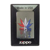 Zippo Custom Lighter - Brush Chrome Drippy Pot Weed Marijuana Leaf USA Colors Paint Design