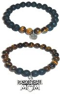 Hidden Hollow Beads Charm Tigers Eye and Black Lava Natural Stone Women's Yoga Beaded Stretch Bracelet Set. Comes in A Gift Box! (Basketball Mom)